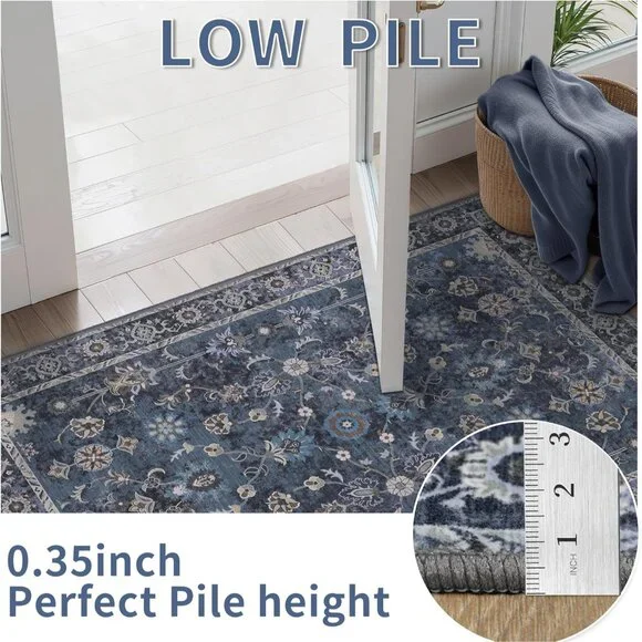 5x7 Blue Area Rug for Bedroom Living Room, Washable Vintage Floral Rug Non Slip, - Picture 3 of 9